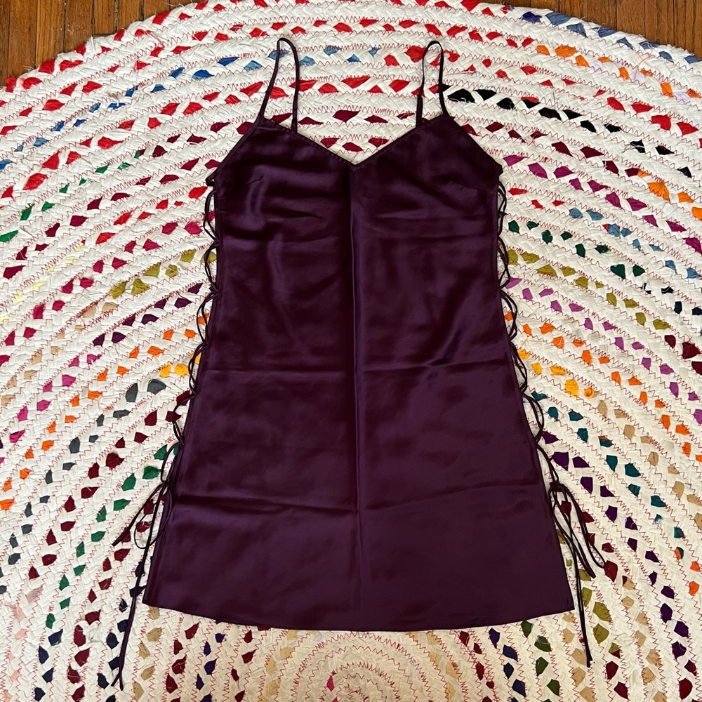 VS purple Y2K satin lace up side slip dress